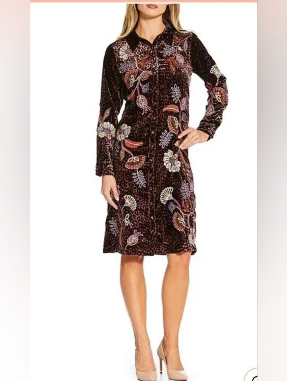 NWT Johnny WaS Gineva Embroidered Floral Velvet Shirt Dress Misty Leopard XS